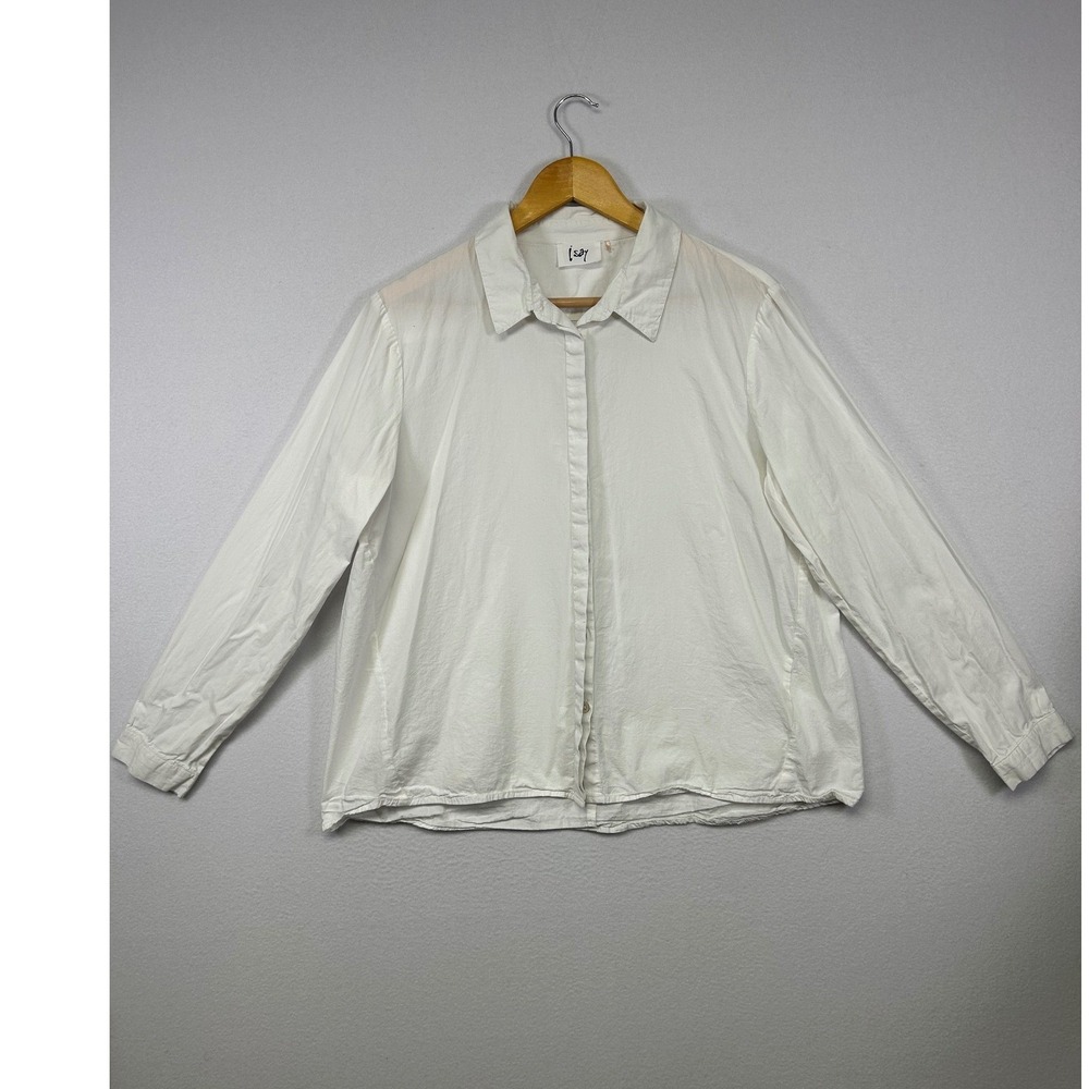 Minimalist Isay Womens White Long Sleeve Button Up‎ Shirt Collared Relaxed Fit